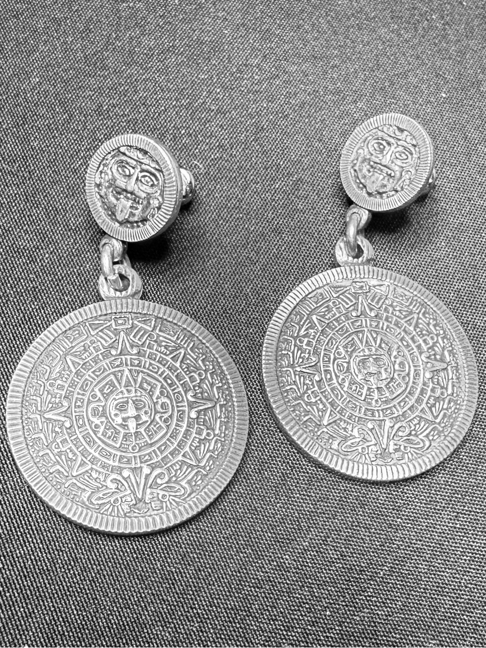 Vintage Silver 925 Earrings 11g Mexico Mayan Aztec Calendar Sun God Signed MO-68